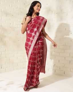 Fabindia - Deep Red Viscose Blend Woven Saree