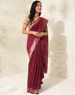Fabindia - Maroon Wool Blend Woven Saree