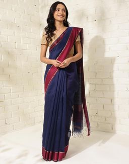 Fabindia - Navy Cotton Silk Blend Woven Saree