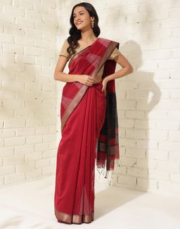 Fabindia - Red Cotton Silk Blend Woven Saree