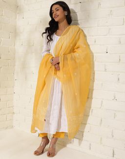 Fabindia - Yellow Cotton Silk Embroidered Chikankari Dupatta