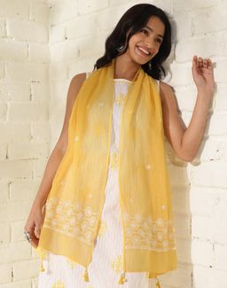 Fabindia - Yellow Cotton Silk Chikankari Embroidered Dupatta