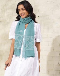 Fabindia - Turquoise Cotton Silk Chikankari Embroidered Dupatta