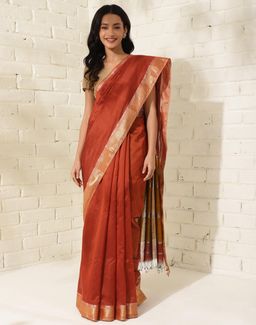 Fabindia - Rust Cotton Silk Blend Woven Saree