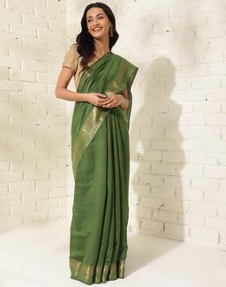 Fabindia - Dark Green Silk Blend Woven Saree