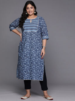 Extra love by Libas - Blue Cotton Gotta Patti Floral Printed Straight Kurta