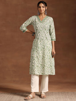 Libas - Green Floral Printed Straight Cotton Kurta