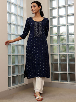 Libas - Women Blue Kurta with A Pocket and Embroidered Yoke