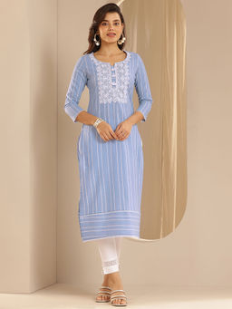 Libas - Blue Floral Yoke Design Straight Kurta