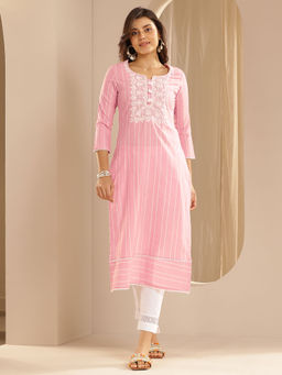 Libas - Pink Floral Yoke Design Straight Kurta
