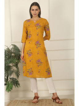 W - Mustard Swiss Floral Cotton Straight Kurta