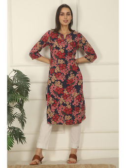 W - Navy Blue Floral Printed Cotton Straight Summer Kurta