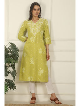 W - Green Floral Printed Rayon Straight Kurta with Embroidered Yoke