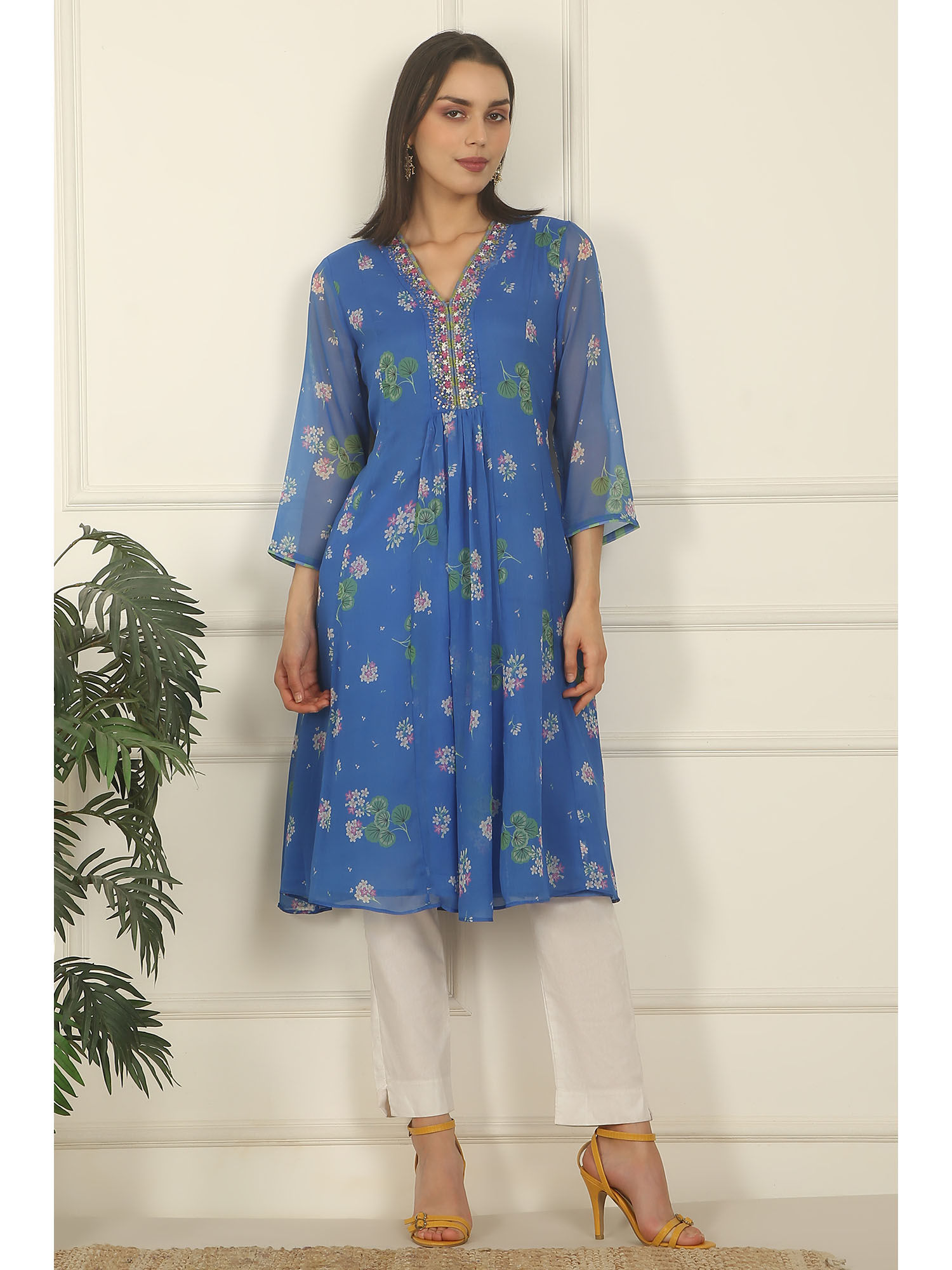 Blue Chiffon Floral Printed Gathered Kurta-picture-28