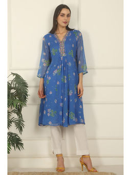 W - Blue Chiffon Floral Printed Gathered Kurta