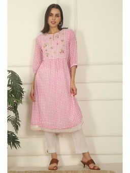 W - Pink Checker Cotton Crepe A-Line Kurta with Embroidered Yoke