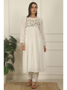 W - Floral White Embroidered Yoke Pure Cotton Kurta