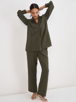 Femmella - Olive Green Collared Textured Co-Ord Set