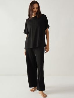 Femmella - Black Round Neck Textured Jersey Co-Ord Set