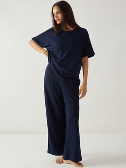 Femmella - Navy Blue Round Neck Textured Jersey Co-Ord Set