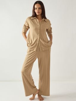 Femmella - Beige Button Down Textured Jersey Co-Ord Set