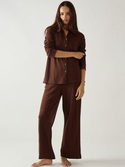 Femmella - Brown Button Down Textured Jersey Co-Ord Set