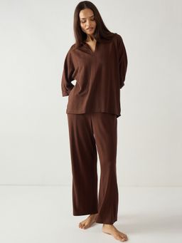 Femmella - Brown Kimono Textured Jersey Co-Ord Set