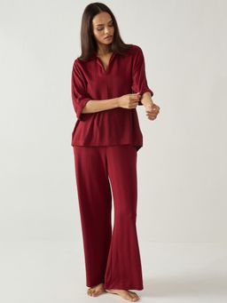 Femmella - Maroon Kimono Textured Jersey Co-Ord Set