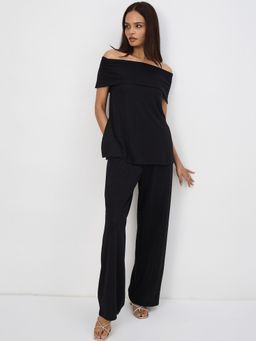 Femmella - Black Off-Shoulder Layered Front Co-Ord Set