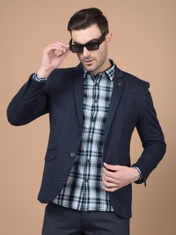 CRIMSOUNE CLUB - Men Navy Blue Checked Single Breasted Blazer