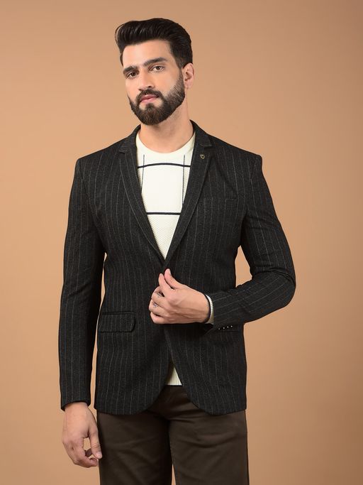 CRIMSOUNE CLUB Men Black Vertical Stripes Notched Lapel Single Breasted Blazer