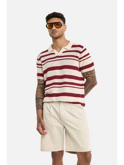 Snitch - Cream Stripes Half Sleeves Regular Casual Polo T-Shirt for Men