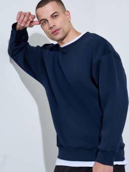 Styli - Men Navy Blue Solid Crew Neck Boxy Fit Sweatshirt