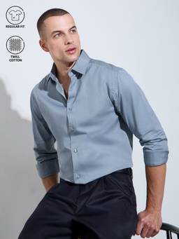 Styli - Men Grey Solid Long-Sleeves Regular Fit Twill Cotton Shirt with Spread-Collar