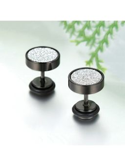Yellow Chimes - Black & Silver-Toned Circular Studs Earrings