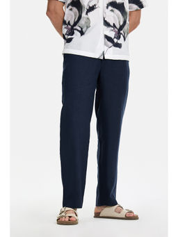 Snitch - Men Navy Blue Linen Straight Fit Trouser