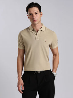 Tommy Hilfiger - Men Beige Cotton Regular Fit Polo T-Shirt