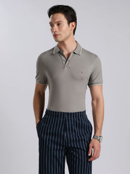 Tommy Hilfiger - Men Grey Cotton Regular Fit Polo T-Shirt