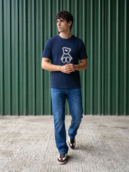 The Bear House - Men Navy Blue Cotton Regular Fit T-shirt