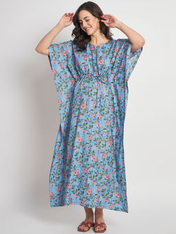 AUJJESSA - Blue Multi Cotton Printed Front Zipper Maternity Feeding Kaftan