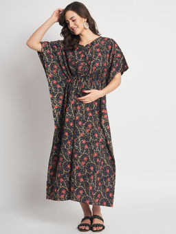AUJJESSA - Navy Blue Cotton Printed Front Zipper Maternity Feeding Kaftan