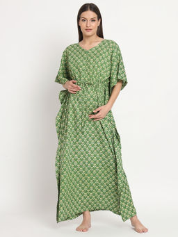 AUJJESSA - Olive Green Printed Front Zipper Maternity Feeding Kaftan