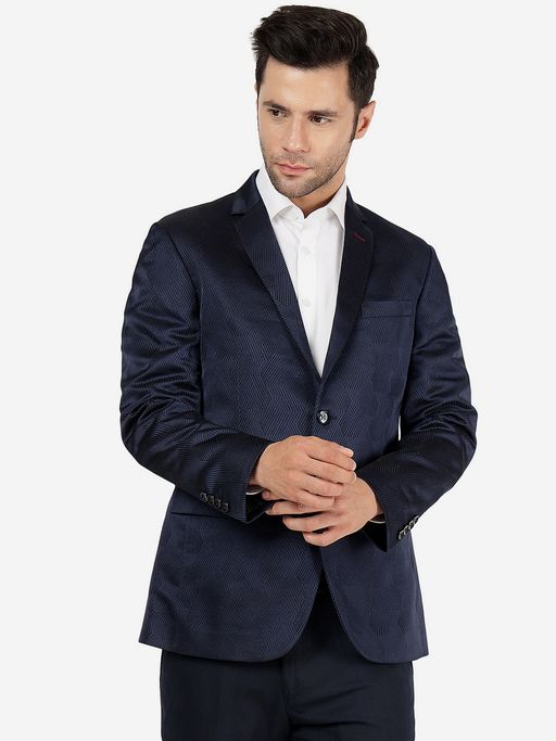 JB Studio Men Textured Navy Blue Blazer
