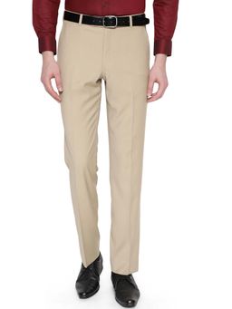 JadeBlue - Mens Beige Terry Rayon Regular Fit Solid Formal Trouser