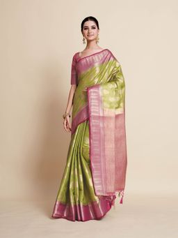 Mimosa - Women Traditional Ussi Kanjivaram Art Silk Green Saree with Unstitched Blouse