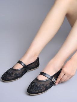 Shoetopia - Women Black Mesh Mary Jane Ballerinas