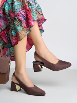 Shoetopia - Women Brown Pointed with Gold Metallic Block Heels