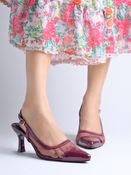 Shoetopia - Women Maroon Mesh and Patent Pointed-Toe Stiletto Heels