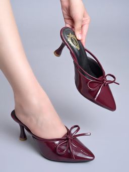 Shoetopia - Women Maroon Glossy Patent Pointed Bow Mules Heels