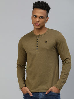 Urbano Fashion - Men Olive Green Slim Fit Solid Full Sleeve Henley Neck T-shirt